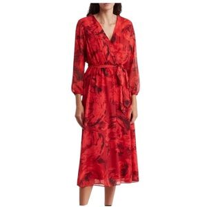 NWT Tash and Sophie Red Floral Long Sleeve Faux Wrap‎ Dress Holiday Christmas